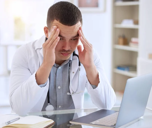Handsome Young Doctor Sitting Alone His Clinic Feeling Stressed While — Stockfoto
