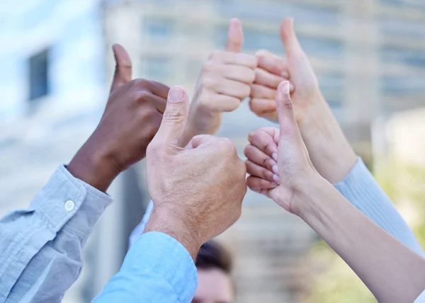 Group Unrecognizable Businesspeople Raising Hands Air While Giving Thumbs — Stockfoto