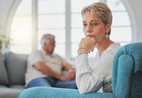 Senior Couple Looking Sad Upset While Sitting Living Room Argument — ストック写真