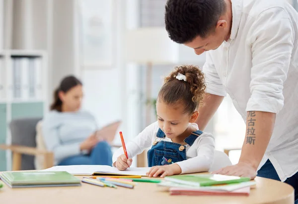 Young Father Helping His Daughter Her Homework Home — Stok fotoğraf