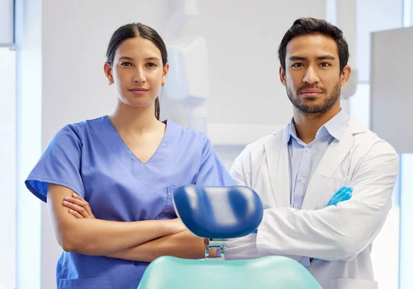 Portrait Young Dentist His Assistant Working Consulting Room — Foto Stock