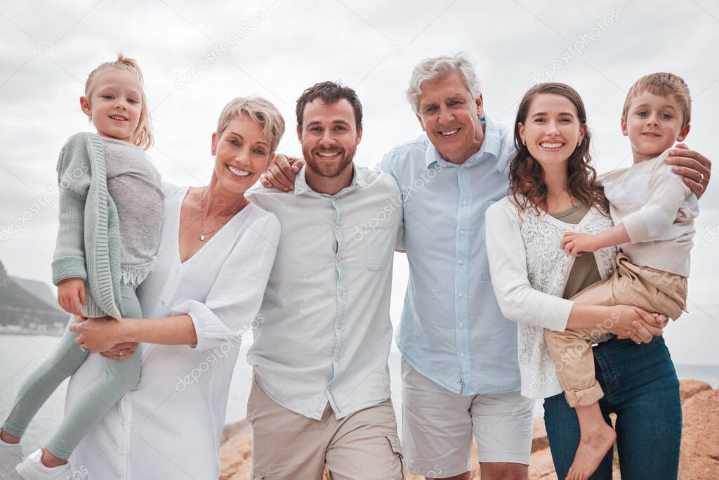 a happy family enjoying a day along the coast.