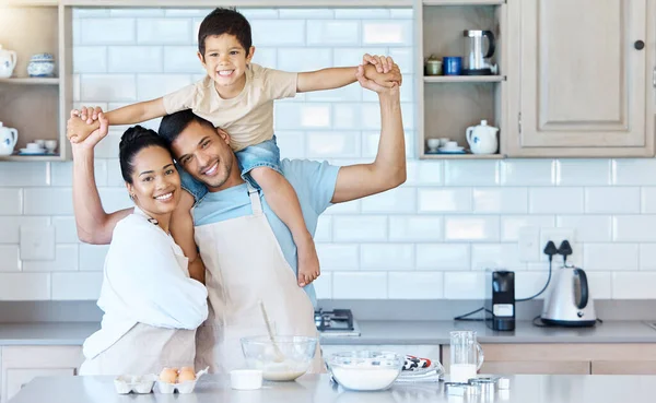 Portrait Happy Young Mixed Race Couple Bonding Adorable Son Home — Stockfoto