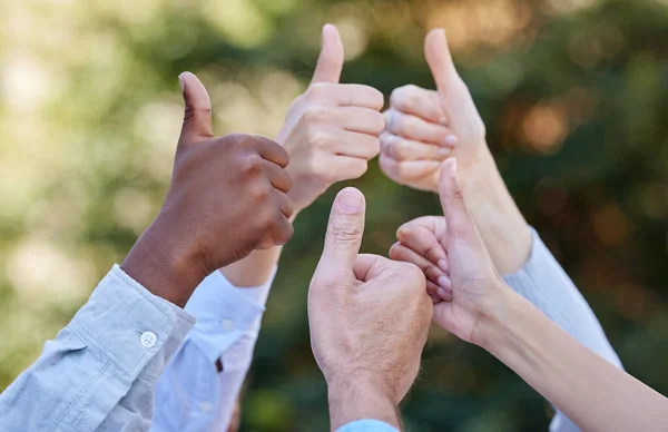 a group of unrecognizable businesspeople raising their hands into the air while giving thumbs up.