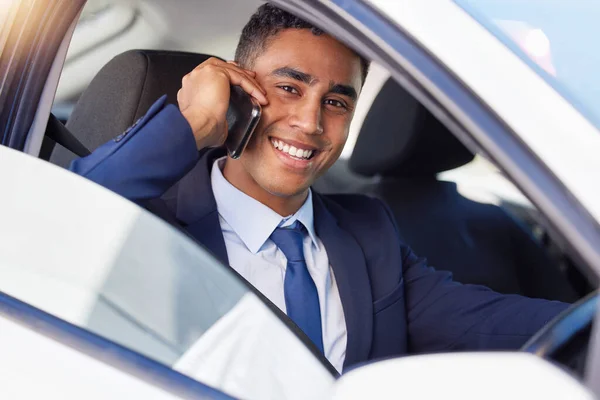 Cropped Portrait Handsome Young Businessman Making Phonecall While Driving Himself — Stockfoto