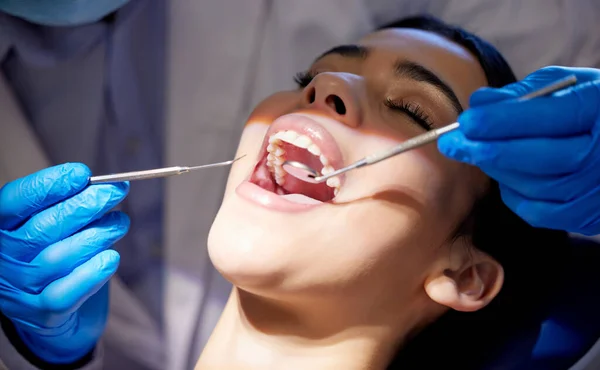 Young Woman Having Dental Procedure Performed Her — Foto Stock