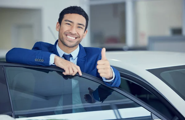 Cropped Portrait Handsome Young Male Car Salesman Giving Thumbs Camera — Fotografia de Stock