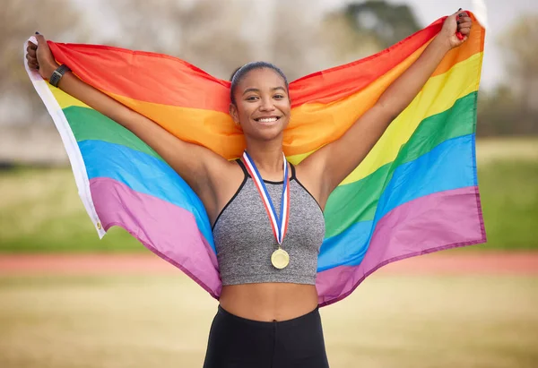 Cropped Portrait Attractive Young Female Athlete Celebrating Her Victory — Stockfoto