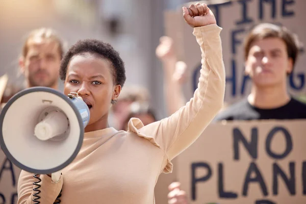 Young Woman Speaking Megaphone Protest — Stock fotografie