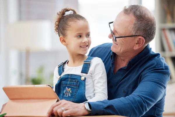 Little Girl Her Grandfather Using Digital Tablet Home — Stok fotoğraf