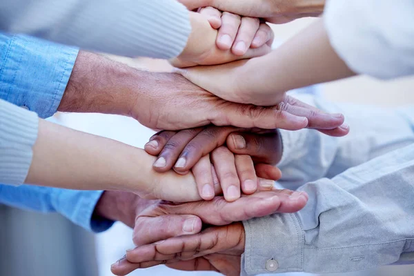 Group Unrecognizable Businesspeople Standing Hands Huddle — Fotografia de Stock