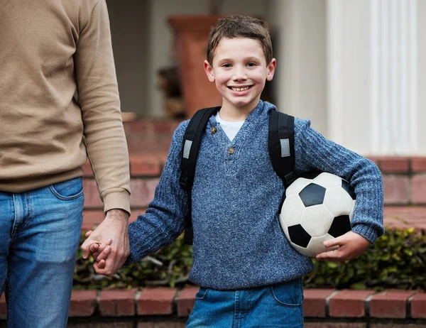 Little Boy Ready School Holding Soccer Ball — Stockfoto