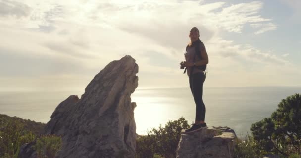 Jonge Bergwandelaar Bewonderende Schilderachtige Uitzicht Vanaf Piek Langs Groene Heuvel — Stockvideo
