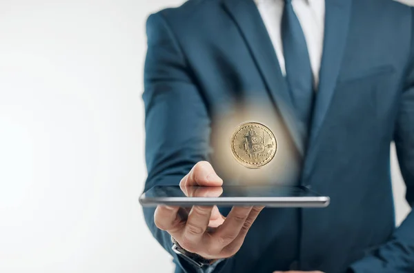 Closeup Shot Unrecognisable Businessman Holding Digital Tablet Bitcoin Hovering Top — 图库照片