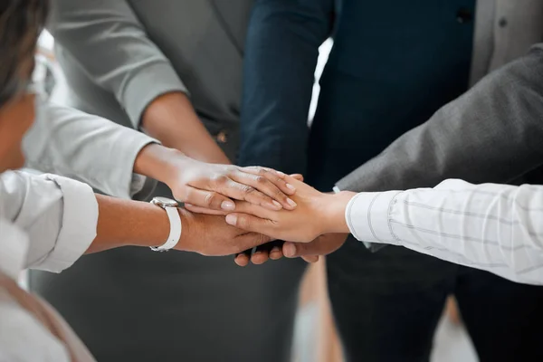 Group Unrecognizable Businesspeople Standing Office Hands Huddle — Foto Stock