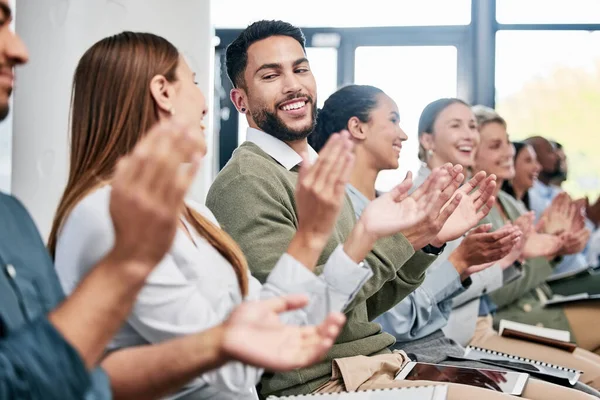 Group Young Businesspeople Applauding While Sitting Conference Room Seminar — Foto de Stock