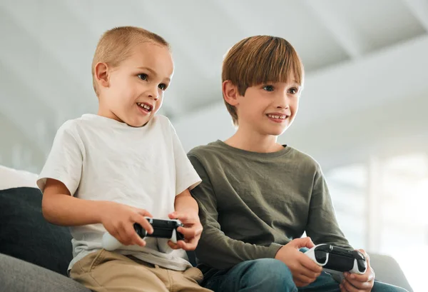 Two Little Brothers Playing Video Games Home — Foto Stock