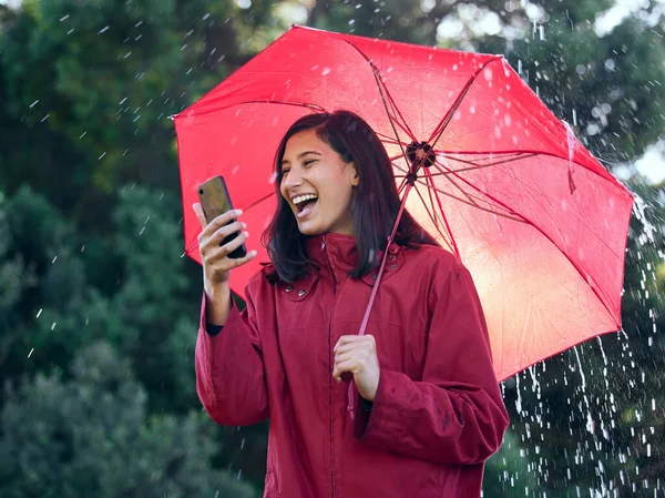 Woman Using Her Cellphone While Walking Umbrella — Stock Photo, Image