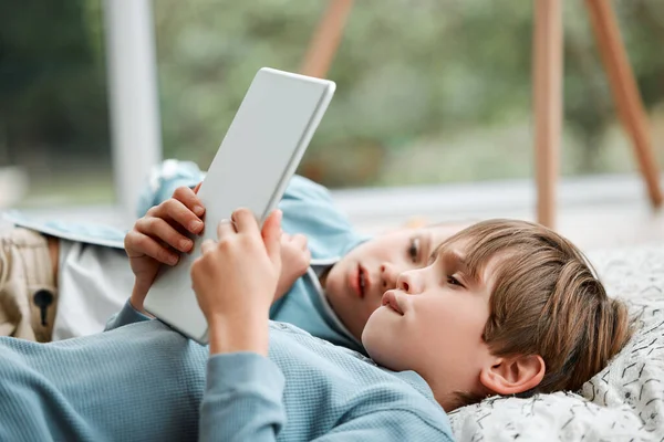 Two Brothers Using Tablet Home — Stock Fotó