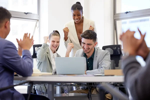 Group Businesspeople Cheering While Using Laptop Office Work — Foto de Stock
