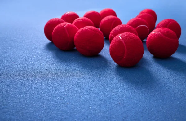 Multiple Tennis Balls Lying Blue Tennis Court — ストック写真