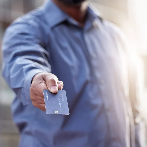 Unrecognizable Man Holding Credit Card — Photo