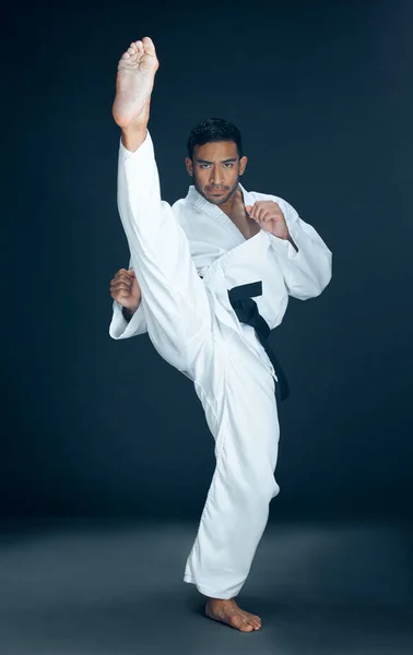 Full Length Portrait Handsome Young Male Martial Artist Practicing Karate — ストック写真