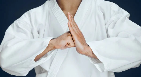 Unrecognizable Male Martial Artist Practicing Karate Studio Dark Background — Zdjęcie stockowe