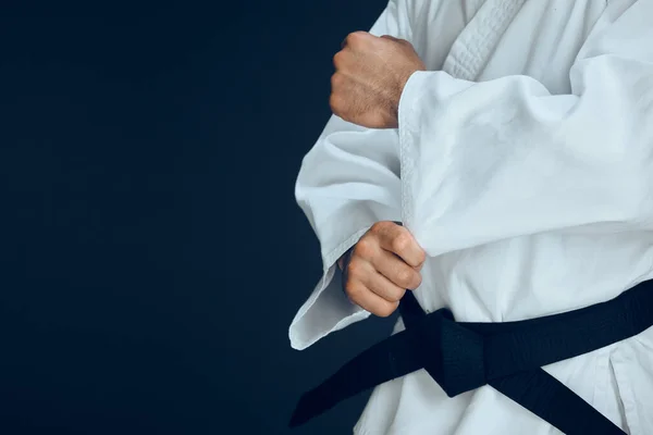 Unrecognizable Male Martial Artist Practicing Karate Studio Dark Background — Stockfoto