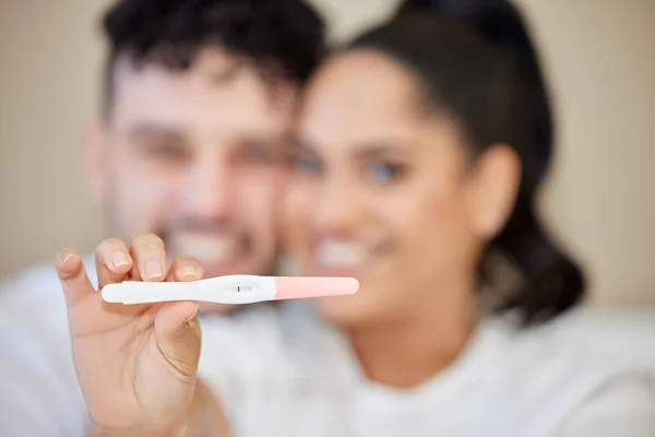 Closeup Shot Young Couple Looking Happy Negative Pregnancy Test Result — Zdjęcie stockowe