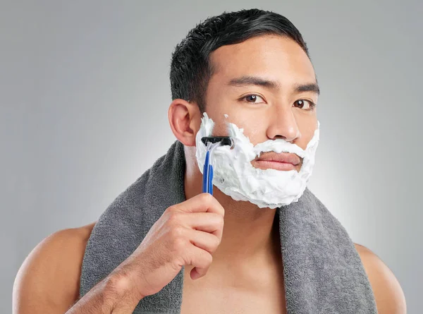 Studio Shot Handsome Young Man Shaving Grey Background —  Fotos de Stock