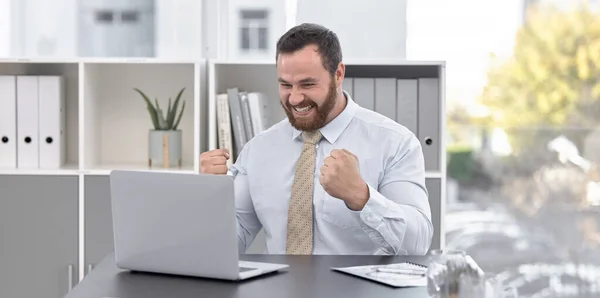 Молодой Бизнесмен Аплодирует Работая Над Ноутбуком Офисе — стоковое фото