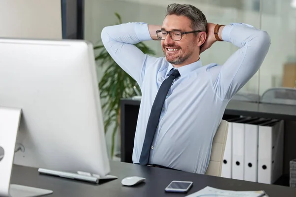 Mature Businessman Taking Break Looking Satisfied Desk Modern Office — Stok fotoğraf