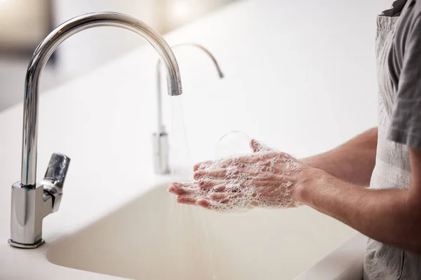 Unrecognizable Person Washing Hands Kitchen Sink Home — Stockfoto