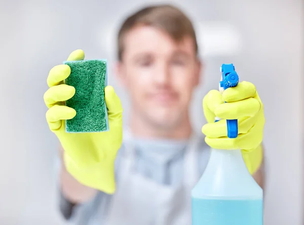 Young Man Holding Spray Bottle Detergent Sponge — Stock Photo, Image