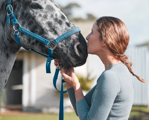 Attractive Woman Being Affection Horse Farm — Stockfoto