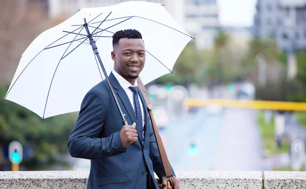 Young Businessman Holding Umbrella Rain City Background — Foto de Stock