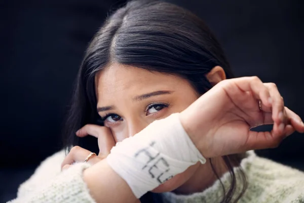 Young Woman Bandages Wrapped Her Wrists Showing Help Written Them — 스톡 사진