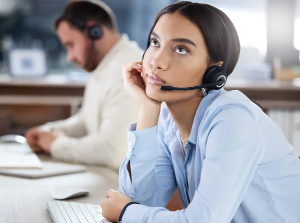 Young Call Centre Agent Sitting Office Her Colleague Feeling Bored — Foto de Stock