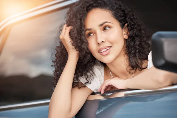 Beautiful Young Woman Leaning Out Car Window — Stockfoto