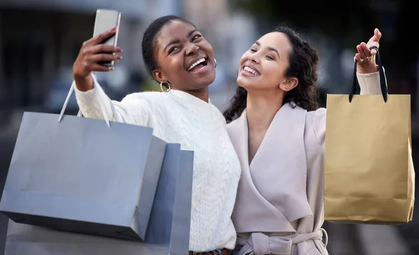 Two Friends Taking Selfies While Shopping Together — 스톡 사진