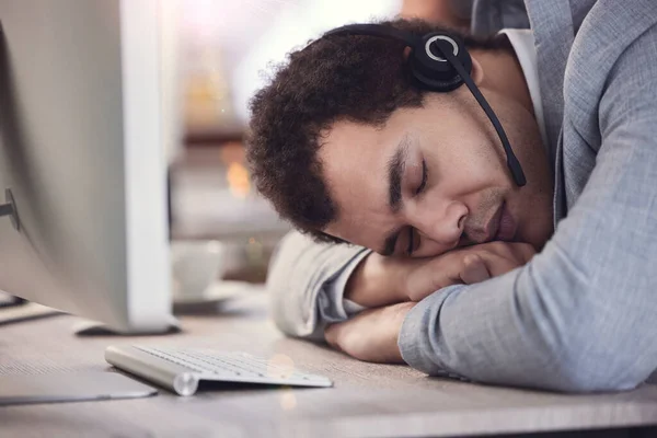 Young Male Call Center Agent Taking Nap Work — Stockfoto