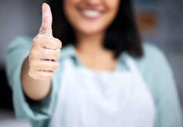 Woman Showing Thumbs Her Soapy Hands — Stockfoto