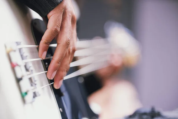 Unrecognisable Man Playing Guitar Music Studio Day — Stockfoto