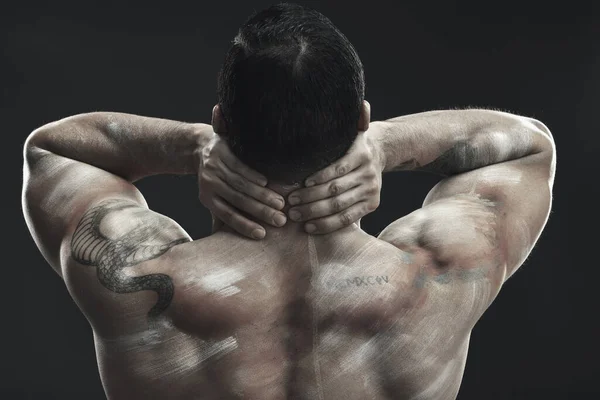 Monochrome Shot Muscular Young Man Posing Nude Studio Dark Background — Photo