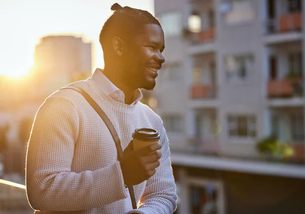 Young Businessman Drinking Coffee While Standing Balcony Office — Stock fotografie