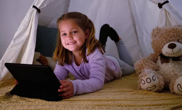 Adorable Little Girl Using Digital Tablet Night — Stock Fotó