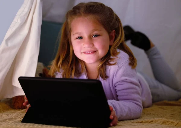 Adorable Little Girl Using Digital Tablet Night — Stock Fotó