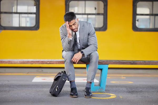 Young Businessman Looking Stressed Out While Sitting Bench Railway Station —  Fotos de Stock