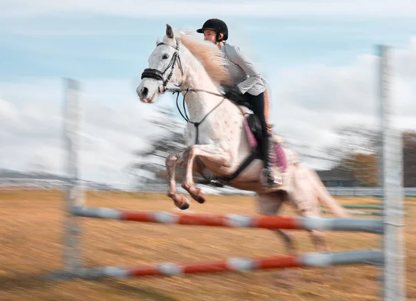 Jockey Com Seu Cavalo Pulando Sobre Um Obstáculo Pulando Sobre O